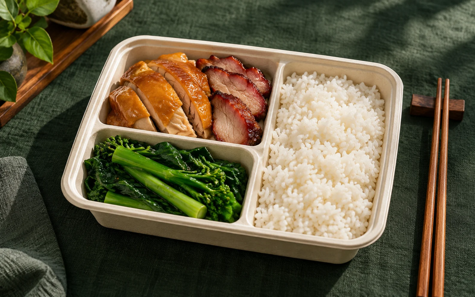 分格餐盒盛放米飯、主菜及蔬菜的餐食搭配示意