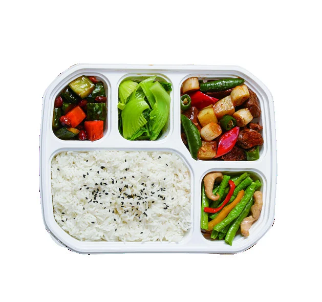 米飯、主菜及多款配菜的分格餐盒示意